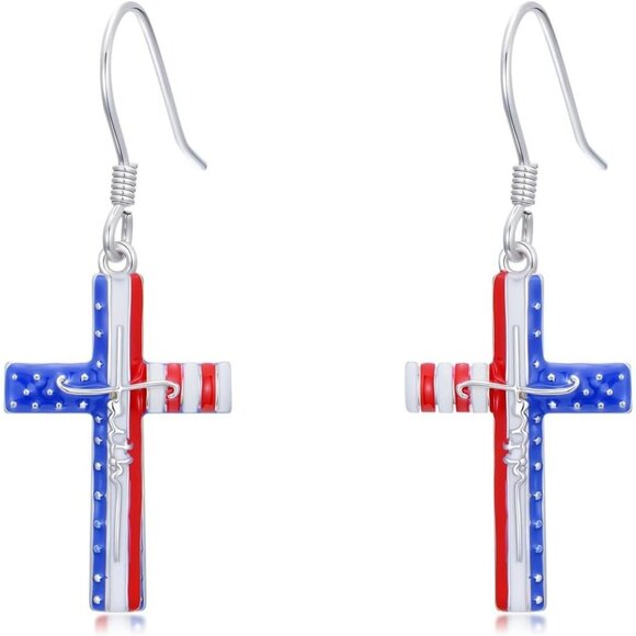 925 Sterling Silver Red White and Blue American Flag  Independence Day Earring - Picture 1 of 6